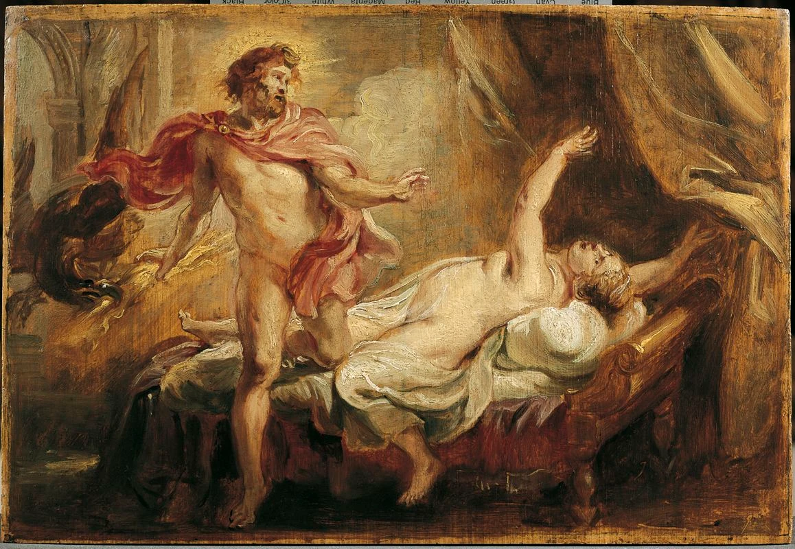 Zeus foudroie Sémélé malgré lui, contraint de lui révéler sa vraie nature en raison d'une promesse faite sur le Styx.