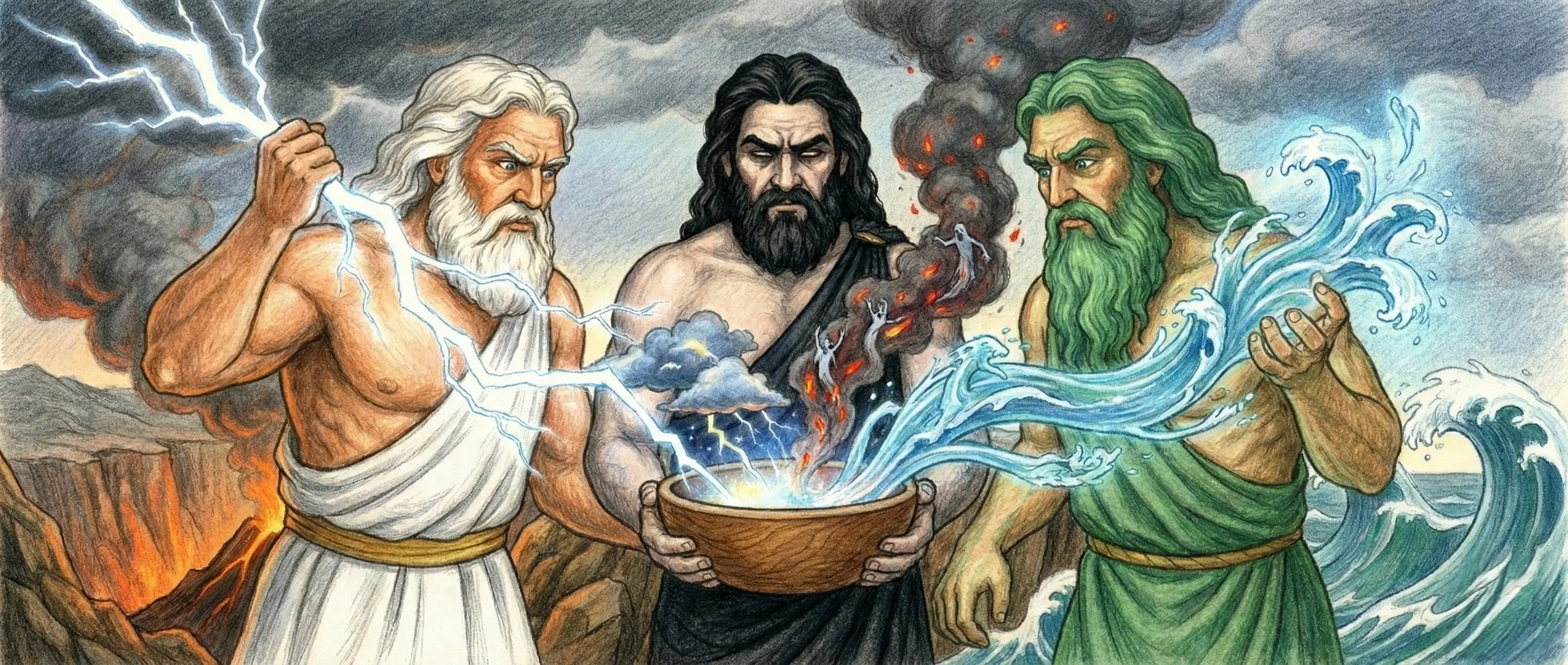 Zeus, Hadès et Poséidon tirant au sort l'héritage de chaque royaume.