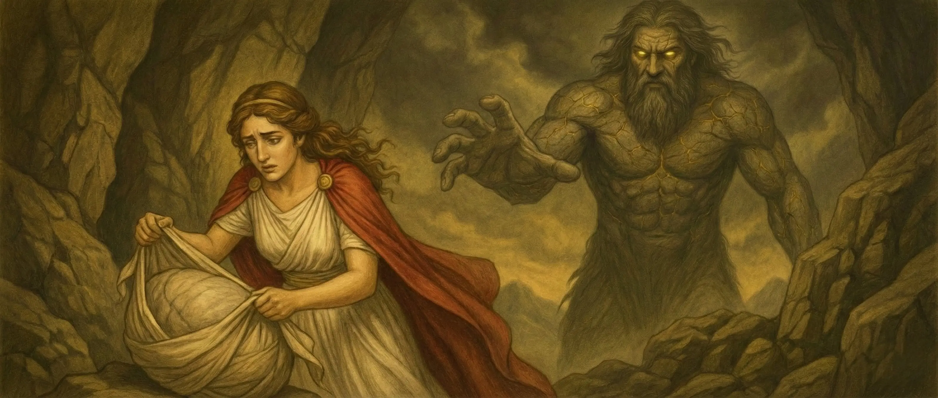 Rhéa emmaillote une pierre dans un lange, piégeant Cronos qui s'attend à dévorer son fils Zeus, nouveau-né.